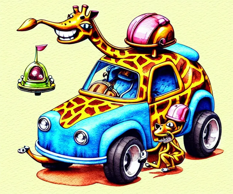 Image similar to cute and funny, giraffe wearing a helmet riding in a tiny hot rod with oversized engine, ratfink style by ed roth, centered award winning watercolor pen illustration, isometric illustration by chihiro iwasaki, edited by range murata, tiny details by artgerm and watercolor girl, symmetrically isometrically centered, focused