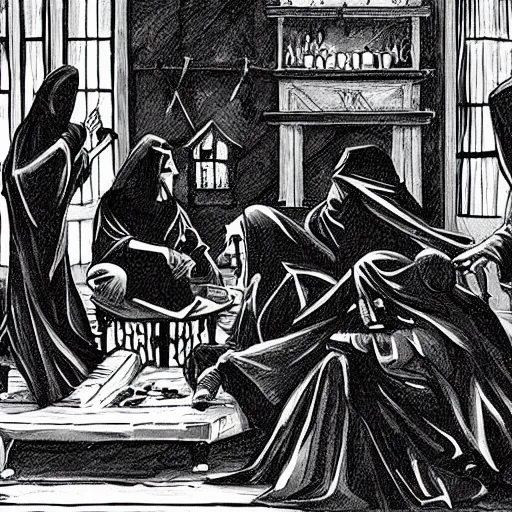 Image similar to cultists in black robes surround a stove, realistic, gothic, black masks, magical, realistic painting, Dungeons and Dragons