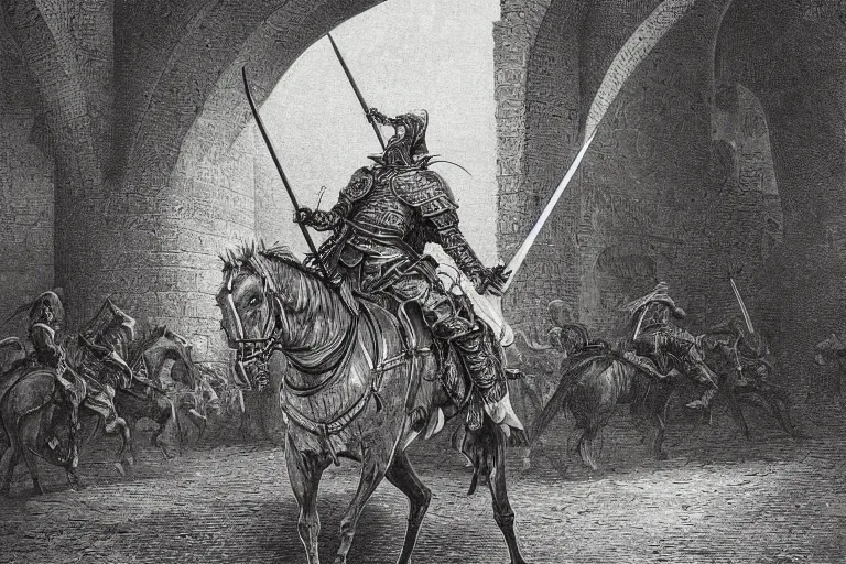 Prompt: highly detailed painting of the knight don quixote runs out of the gate in the shape of a book, symmetrical, masterpiece, highly detailed painting by gustave dore