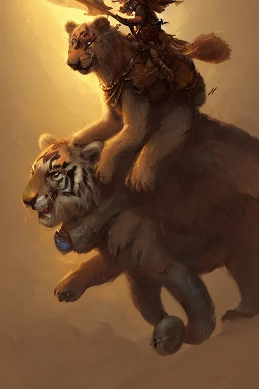 Prompt: migty bear wearing a cape, a gypsy riding a tiger, tiny, small, miniature , animal, short, adorable, pretty, beautiful, DnD character art portrait, matte fantasy painting, DeviantArt Artstation, by Jason Felix by Steve Argyle by Tyler Jacobson by Peter Mohrbacher, cinematic lighting