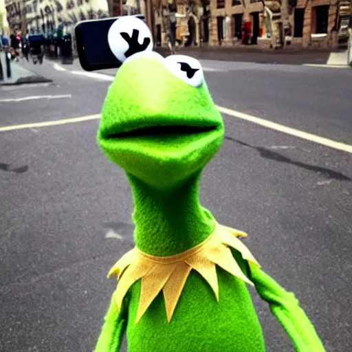 Prompt: kermit the frog taking a selfie