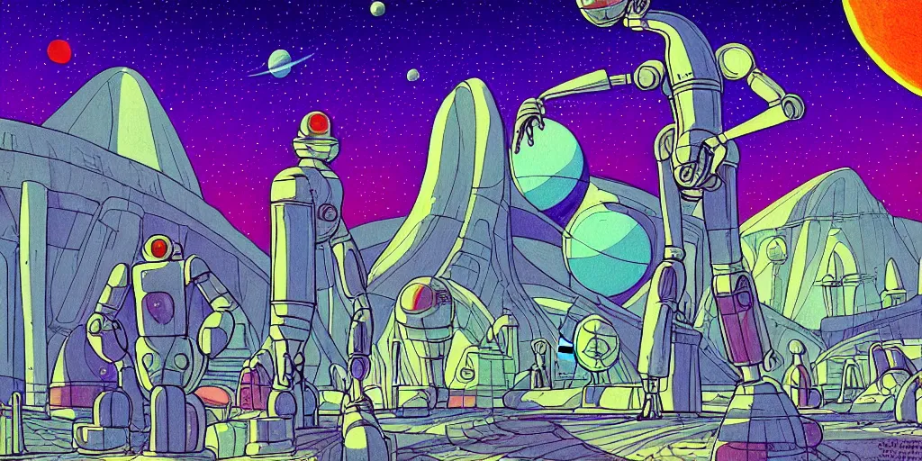 Image similar to traditional drawn colorful animation a symmetrical architecture on the ground, space station planet, planet surface, ground, tree, outer worlds robots extraterrestrial hyper contrast well drawn Metal Hurlant Pilote and Pif in Jean Henri Gaston Giraud animation film The Masters of Time FANTASTIC PLANET La planète sauvage animation by René Laloux