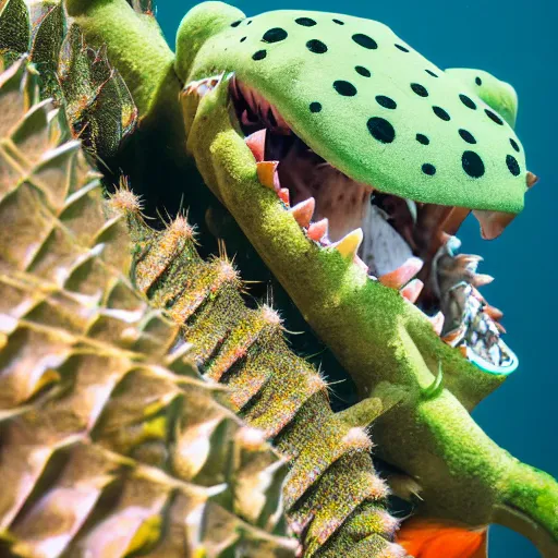 Prompt: close up of a fish eating a cactus, 33mm, 4k, award winning photo