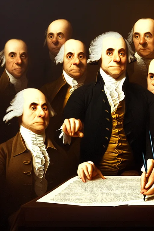 Prompt: portrait of anthropomorphic owls signing of the declaration of independence, dramatic lighting, highly detailed, digital painting, artstation, concept art, smooth, sharp focus, illustration, art by wlop, mars ravelo and greg rutkowski