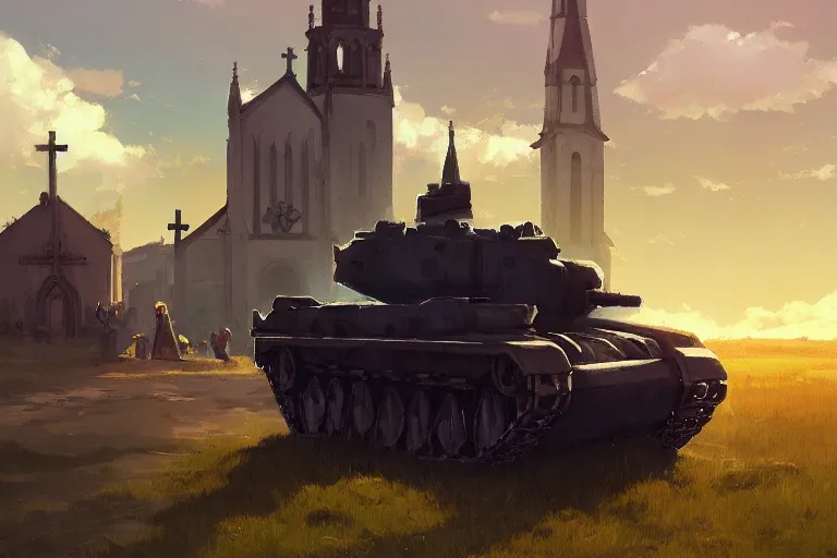 Image similar to a tank with a church as tower, scene in an open field. key visual, conceptart, ambient lighting, highly detailed, digital painting, artstation, concept art, sharp focus, by makoto shinkai and akihiko yoshida and greg manchess