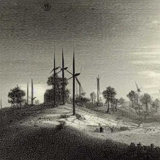 Image similar to landscape with windmills, gustave dore engraving