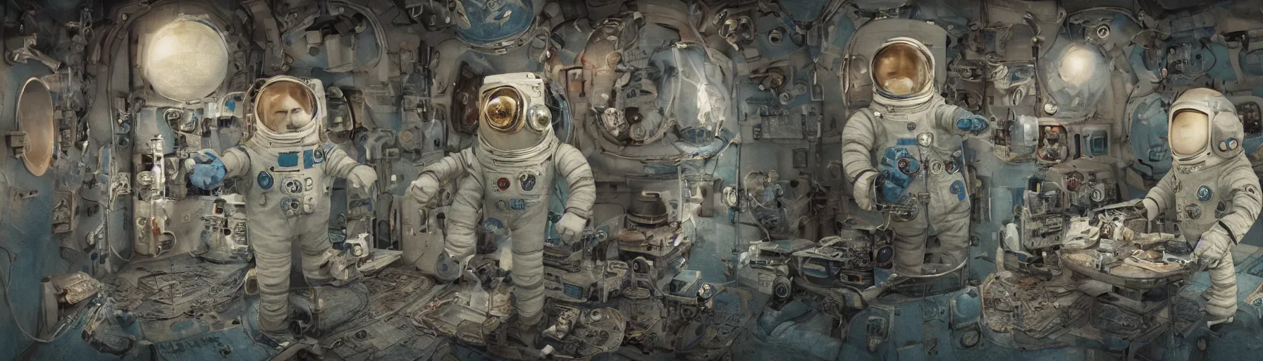 Image similar to Alexander Jansson Style, vintage astronaut in T pose, Blue Soviet nationality suit, The Laika space dog accompanies him, CGI, Many Details, Ultra Detailed, Octane Render, Real Engine 5 Cinematic, Realistic, Intricate Detail, Finely Detailed, Small Details, Extra Detail More details, tiny details, high resolution, 3D, PBR, path tracing, volumetric lighting, octane render, Arnold Render, 8k