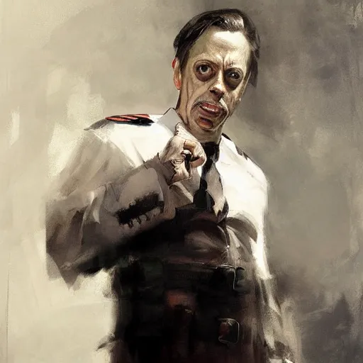 Image similar to portrait of an evil steve buscemi as captain america, by jeremy mann, anders zorn.