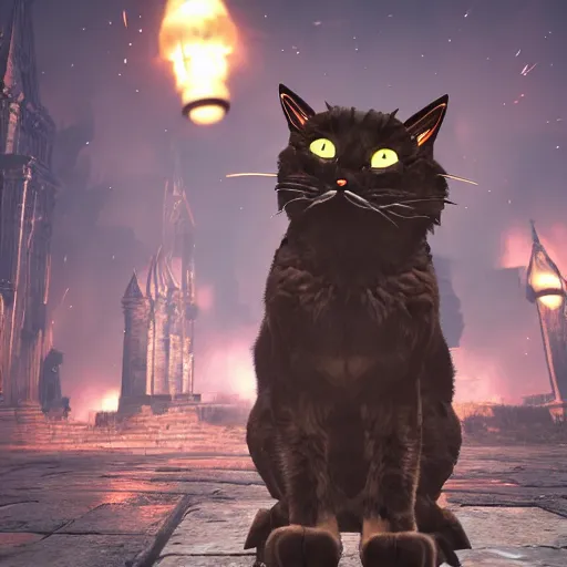 Prompt: a cat as a final boss, artstation hq, dark phantasy, stylized, symmetry, modeled lighting, detailed, expressive, created by hidetaka miyazaki, dark souls 3 screenshot