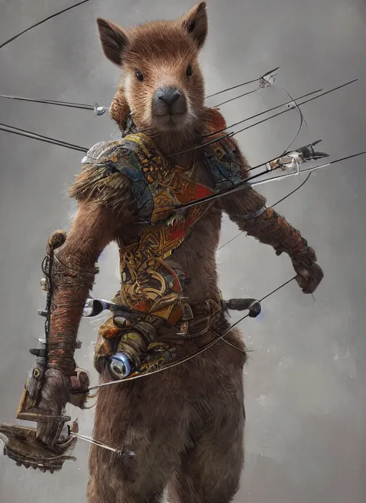 Prompt: detailed full body concept art illustration, soft focus, oil painting on canvas of an anthropomorphic capybara archer in full intricate clothing, biomutant, dystopian, micro detail, octane render, 4K