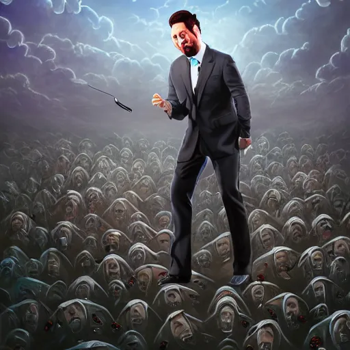 Image similar to comedian in suit and tie performing in a battle-field, stand-up comedian, dead laughing bodies on the ground, nuclear cloud in the far horizon, fantasy, intricate, highly detailed, digital painting, trending on artstation, concept art, smooth, sharp focus