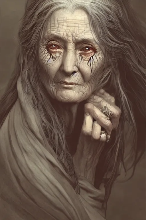 Image similar to very old woman crone with long scraggly hair, wearing torn rags, character concept art, intricate details, highly detailed photorealistic portrait in the style of adam hughes, seseon yoon, artgerm and warren louw