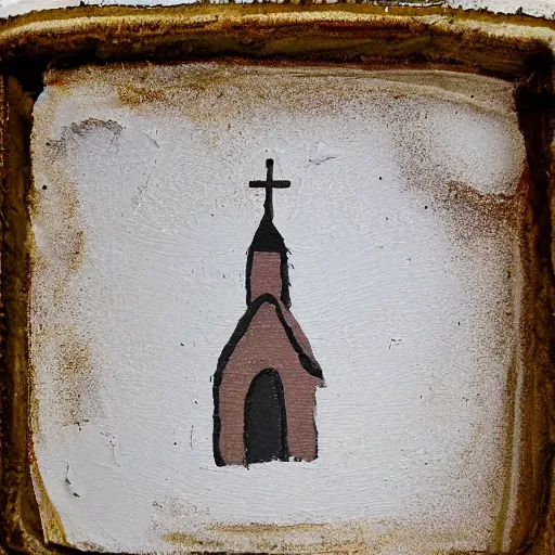 Image similar to oil on styrofoam crust - painting with melt of a small white country church in a corn field ( very sinister and sweet )