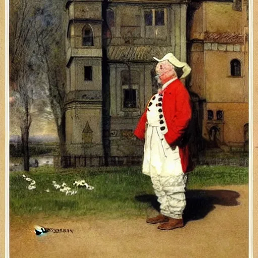 Prompt: painting by zorn, carl larsson, cow, dressed, anthropomorphic!!, wearing!!! clothes!!!, standing next to royal castle!!!