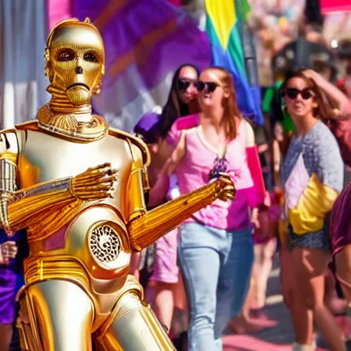 Image similar to c 3 po at a pride festival