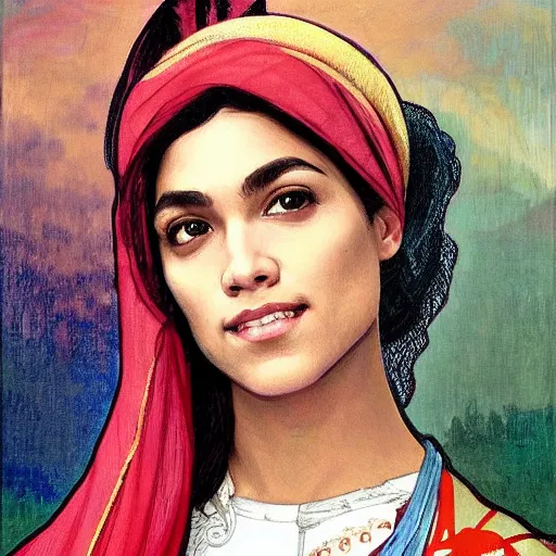 Prompt: Alexandria Ocasio-Cortez, model, beautiful, flirty smile renaissance painting portrait, dramatic, extra detailed, hijab, sari, deep rich colors, by Alphonse Mucha, Ayami Kojima, Amano, Charlie Bowater, Karol Bak, Greg Hildebrandt, Jean Delville, Pablo Picasso and Mark Brooks, Art Nouveau, Neo-Gothic, gothic, iridescent colors