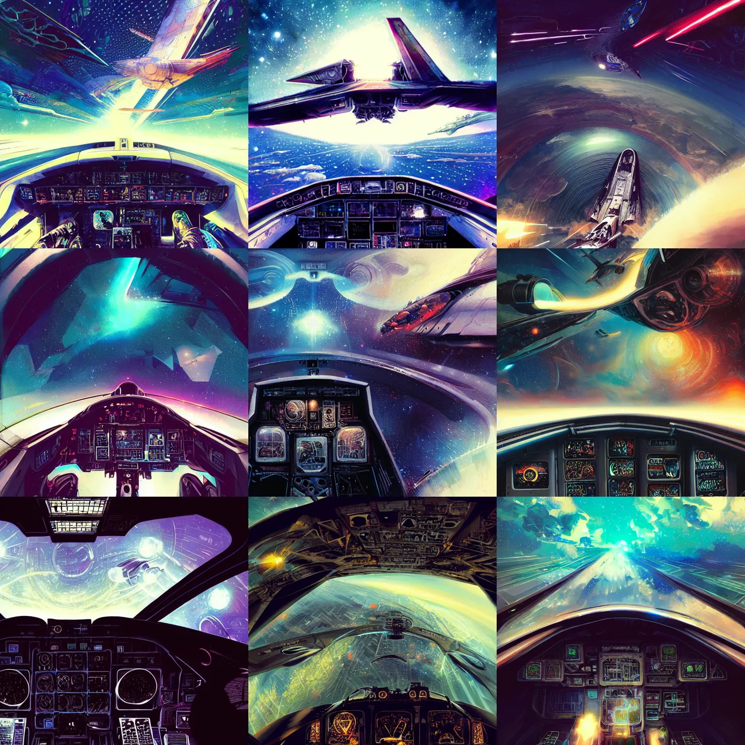 Prompt: view from the cockpit flying down the infinite cosmic highway, fantastic view of hyperspace, art by android jones, by greg rutkowski, trending on artstation