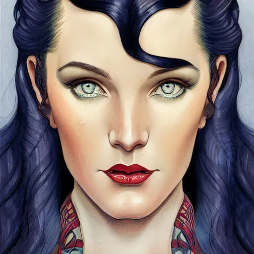 Image similar to an art nouveau, ( streamline moderne ), multi - ethnic and multi - racial portrait in the style of charlie bowater, and in the style of donato giancola and in the style of charles dulac. very large, clear, expressive and intelligent eyes. symmetrical, centered, ultrasharp focus, cinematic lighting, photorealistic digital painting, intricate detailed background.