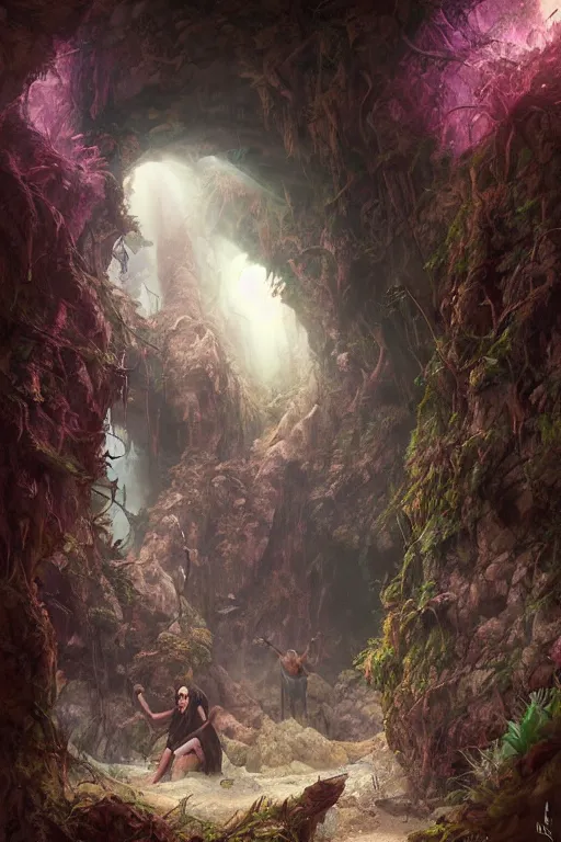 Prompt: scientists discover a prehistoric forest inside a cave, by artgerm, tom bagshaw, gerald brom, vaporwave colors, lo - fi colors, vaporwave, lo - fi, moody vibe, goth vibe, 4 k, hd,