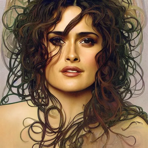 Image similar to salma hayek head and shoulders portrait by alfons mucha, playful, fantasy, medieval, beautiful face, perfect detailed eyes, vivid colrs, elegant, concept art, sharp focus, digital art, hyper - realistic, 4 k, unreal engine, highly detailed, hd, dramatic lighting by brom, trending on artstation