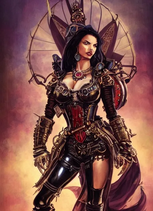 Image similar to front portrait of attractive Adriana Lima as Lady Mechanika hanging from a steampunk airship , Intrincate background with steampunk imagery , D&D!, fantasy style, sharp focus!, ultra detailed, art by Artgerm and Peter Andrew Jones, WLUP