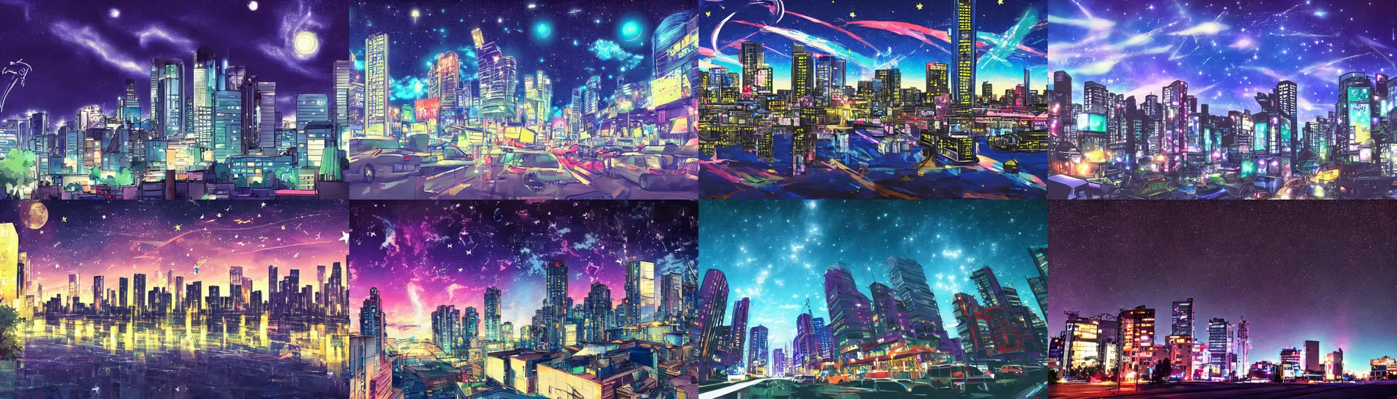 Prompt: Anime night cityscape, sky, shootig stars