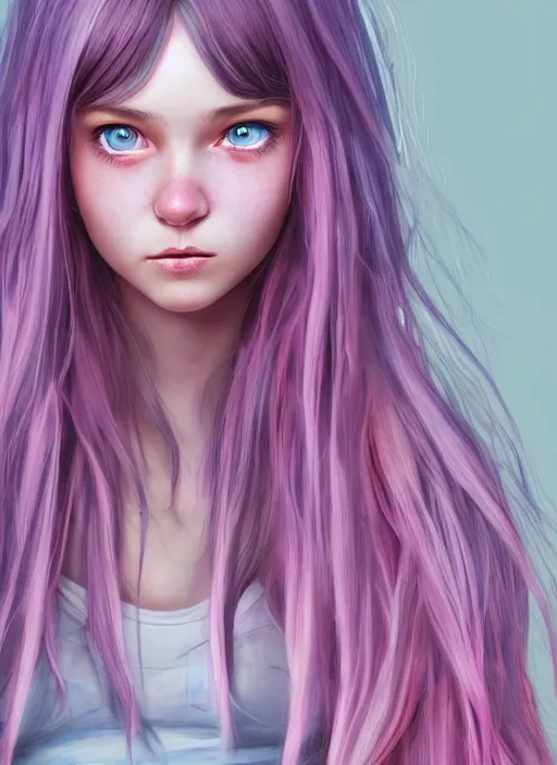 Prompt: highly detailed concept art for the main character in the award winning film named life is better in pink. the character is a unnaturally beautiful teenage girl with deep dark blue detailed cute eyes and long curled pink dyed hair, wearing light pink clothes. realistic cg render, anatomically correct, high key lighting, trending on art station, vibrant colors.