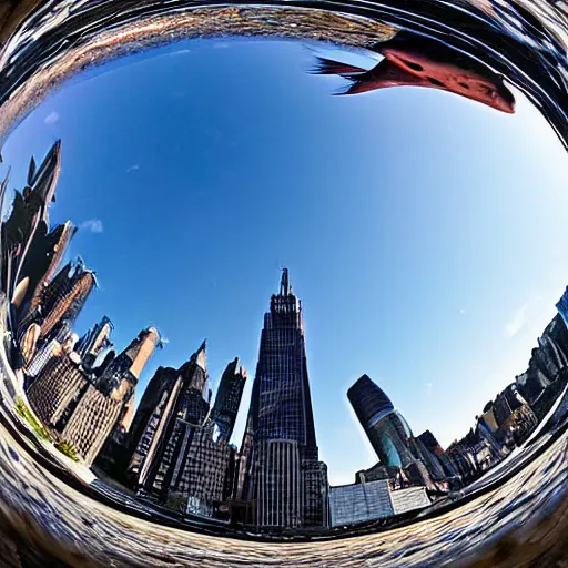 Image similar to widest fish eye lens extremely close viewing a wide eyed man in the city