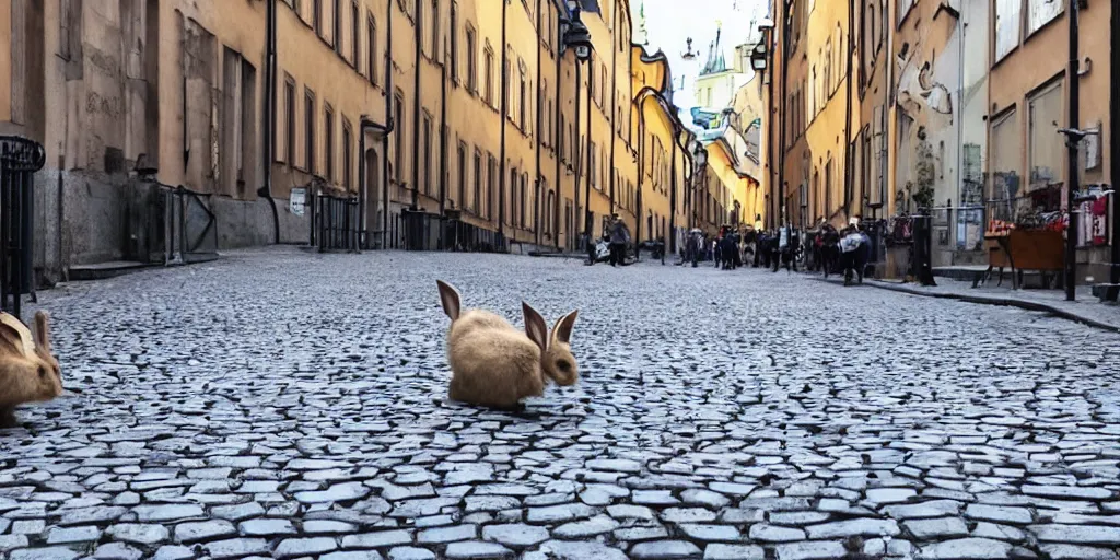 Image similar to a street in stockholm full of rabbits