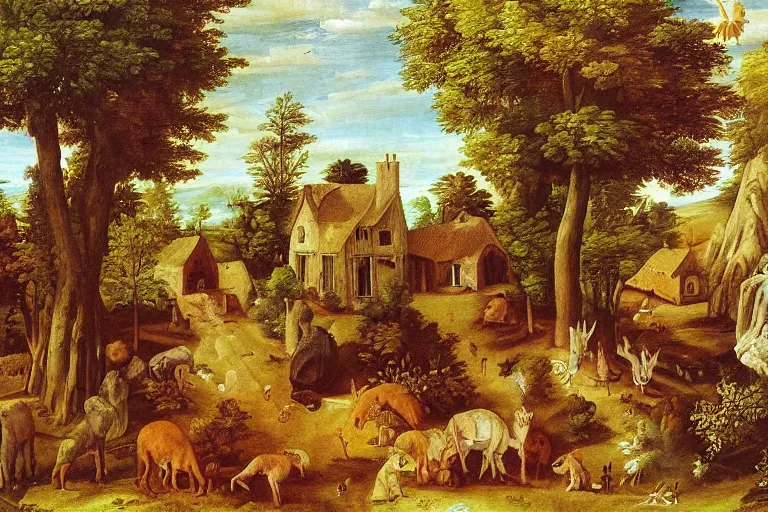 Image similar to a mistic fa forest with many animals, with a old house, in entrance of the house and old woman rocking in a rocking chair.renaissance painting style.high detail painting