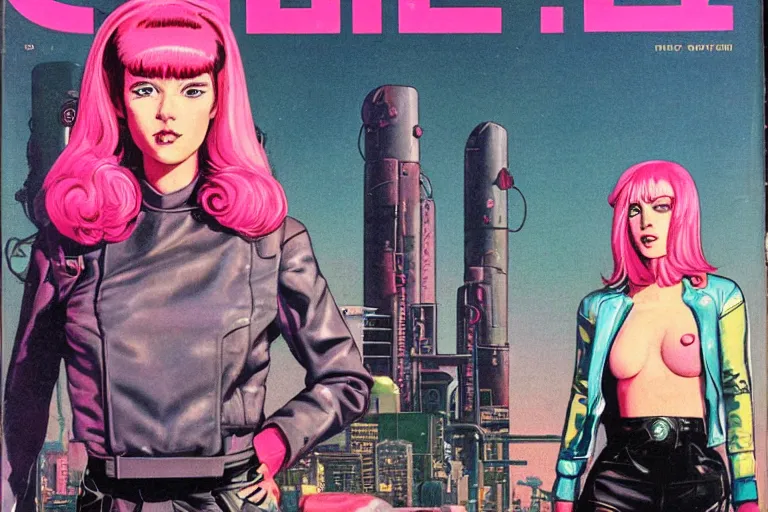 Image similar to 1979 OMNI Magazine Cover of Chrome woman with Pink hair and a leather jacket. neo-Tokyo streets behind her. in cyberpunk style by Vincent Di Fate