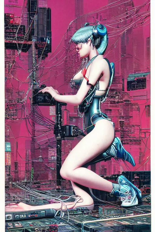 Image similar to an hyper-detailed cyberpunk illustration of a female android kneeling on the floor in a tech labor, seen from the side with her body open showing cables and wires coming out, by masamune shirow, Yukito Kishiro and katsuhiro otomo, japan, 1980s, centered, colorful