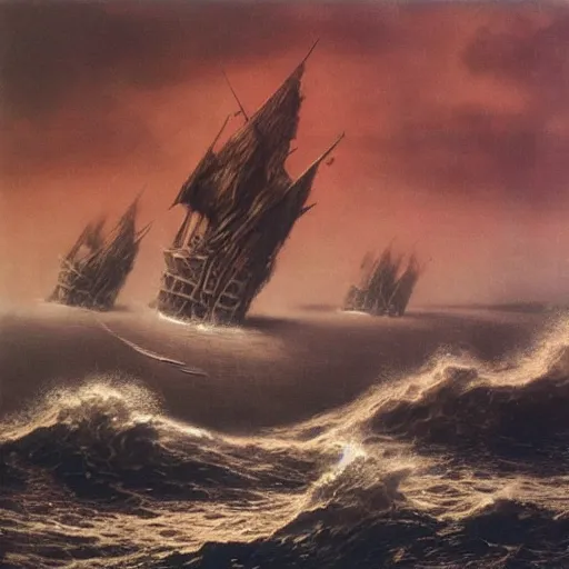 Image similar to an epic battle on the sea between 2 viking boats, raging waves, beksinski