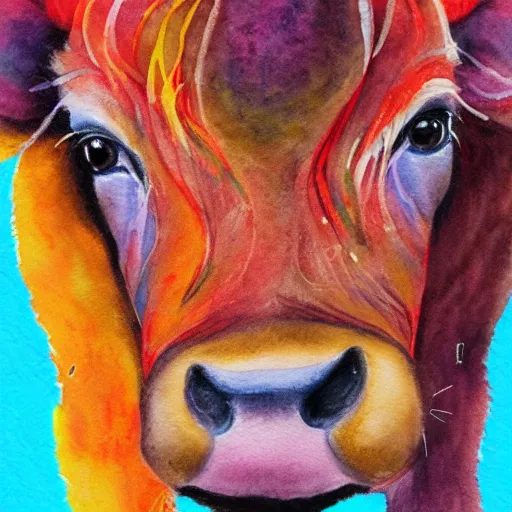 Image similar to portrait of a cute furry cow detailed colorful watercolor and colored pencil painting 4 k