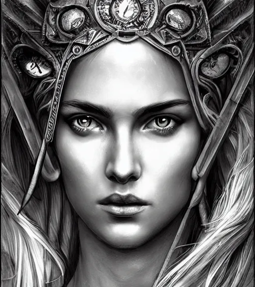 Image similar to beautiful aphrodite goddess wearing an arrow on her head, realistic face, beautiful eyes, black and white drawing, in the style of greg rutkowski, fantasy, amazing detail, epic, intricate, elegant, smooth, sharp focus