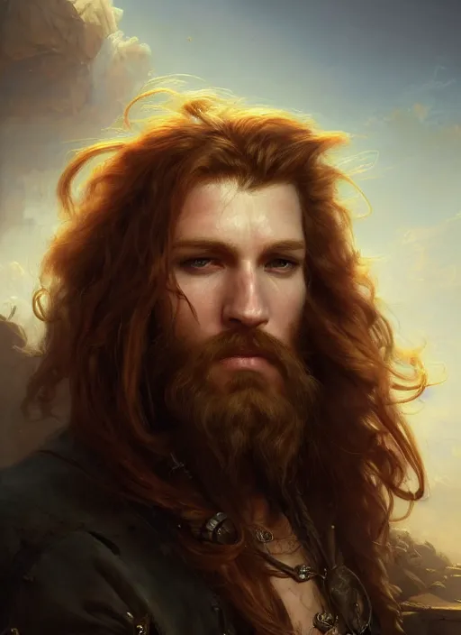 Image similar to portrait painting of a handsome rugged long hair red hair male pirate, soft hair steampunk airship in the sky art by raphael lacoste and stephan martiniere greg rutkowski gaston bussiere fantasy soft hair trending on artstation deviantart book cover art concept art key art dramatic volumetric lighting, 4 k, award winning