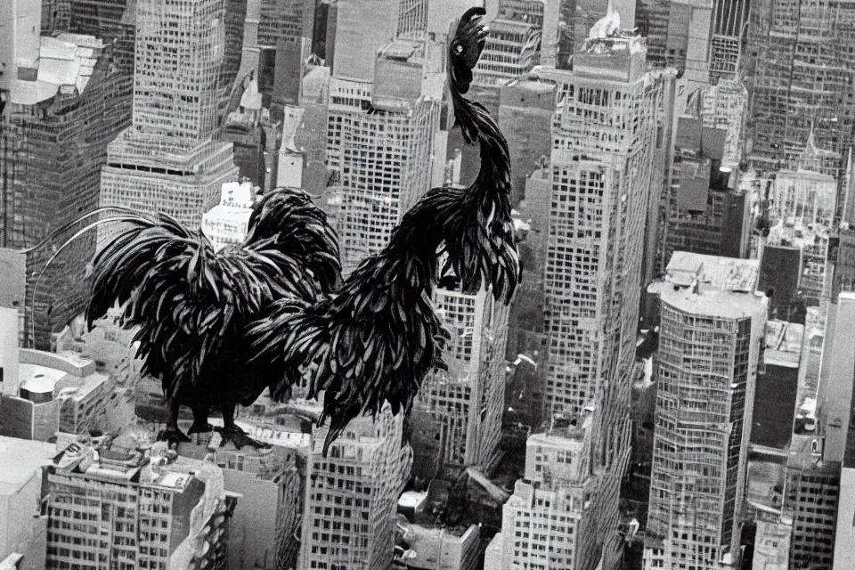 Prompt: still image taken from sci fi horror movie of a giant rooster fights an alien monster in the city. aerial shot, 1 9 8 0 s polaroid photo - journalism flash photography. 1 9 7 0.