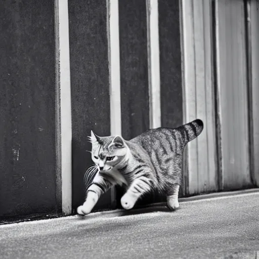 Image similar to cat running from police into an alley, high quality, photograph, studio lighting