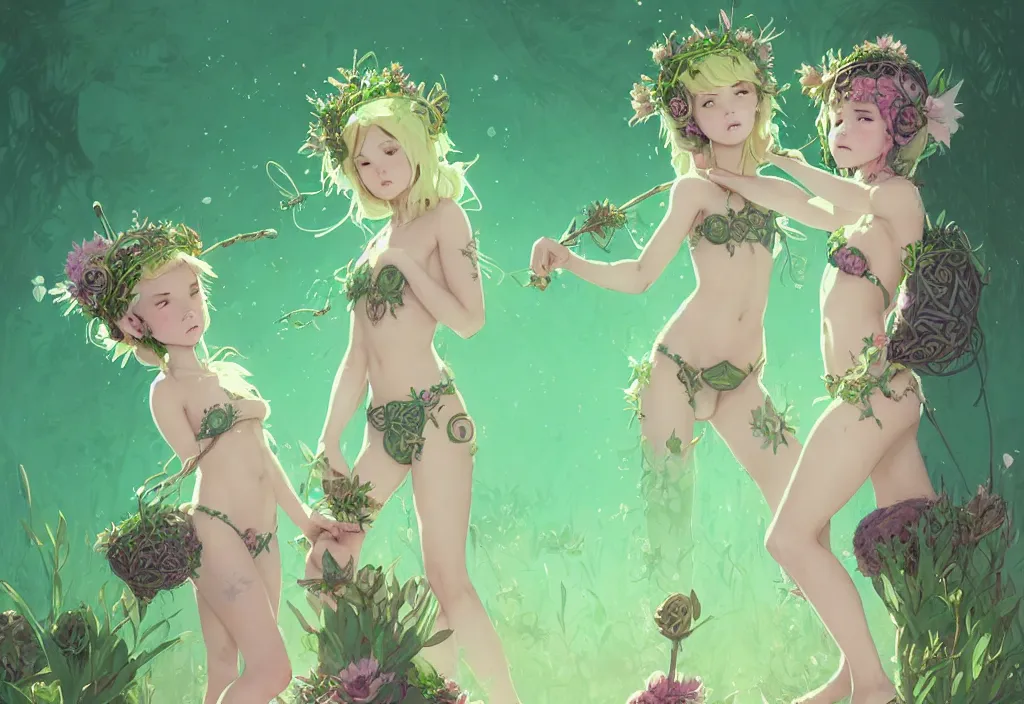 Image similar to two cute fairy girls with crown of flowers in plants bikini covered with celtic rune tattoos, fantasy, by atey ghailan, by greg rutkowski, by greg tocchini, by james gilleard, by joe gb fenton, by in kaethe butcher, dynamic lighting, gradient light green, brown, blonde cream and white color in scheme, grunge aesthetic