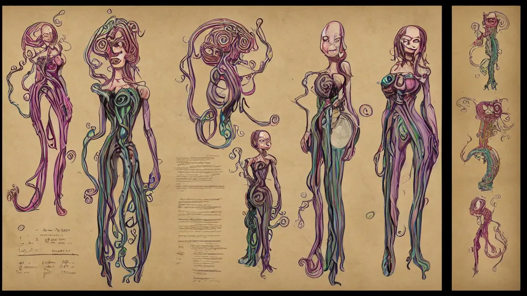 Image similar to aged paper, colorful character sheet for a stocky alien extraterrestrial female servant maid with thick snake - like tentacles instead of hair, long dress with apron, roger dean, coherent, illustration, digital art, trending on artstation, hd, 8 k, good lighting, beautiful, rough paper, masterpiece