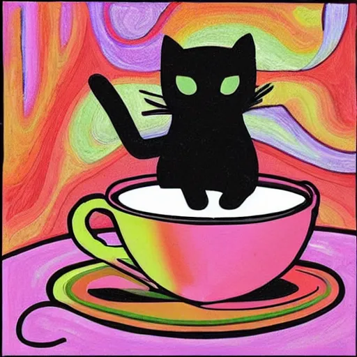 Image similar to colorful album cover art of a cat, drinking a cup of coffee