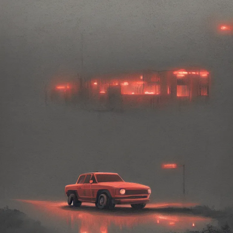 Prompt: Beautiful ultradetailed illustration of a Red race car by Simon Stalenhag, in a brutalist yet rural landscape by Simon Stalenhag, 35mm film photography, wallpaper 4k, dawn, eerie fog