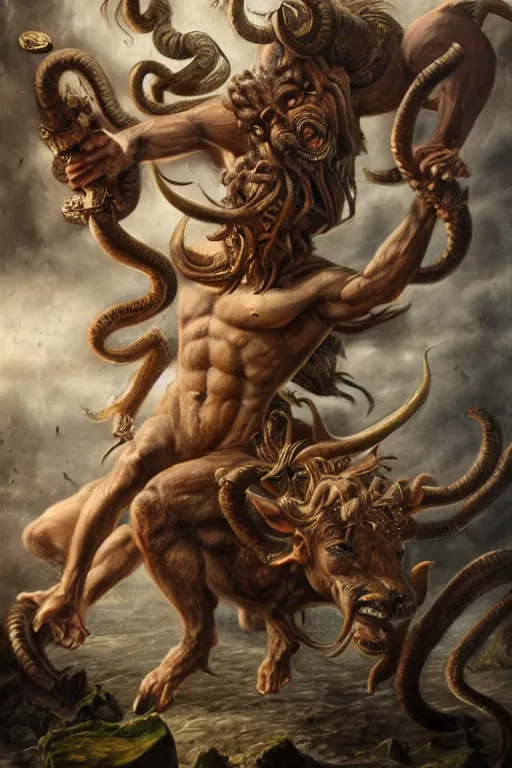 Image similar to minotaur vs medusa gorgon, realistic, detailed, highly detailed, hyper detailed, high definition, extremely detailed oil painting, beautiful composition, trending on artstation, award - winning photograph, masterpiece, intricate, portrait, 8 k highly professionally detailed, hdr, cgsociety