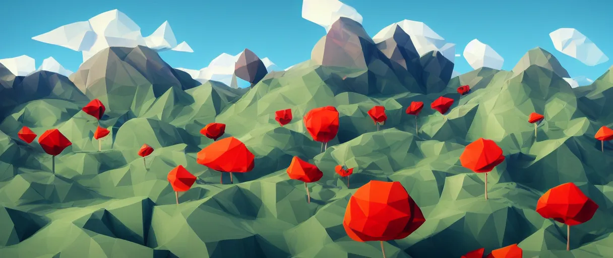 Image similar to 3 d render, mountain landscape, digital art, low poly art, minimalist, poppy, journey game, lowpoly landscape, particles floating, unreal engine, dreamy, brush strokes, bounce light, sunny, complementary palette, redsinski