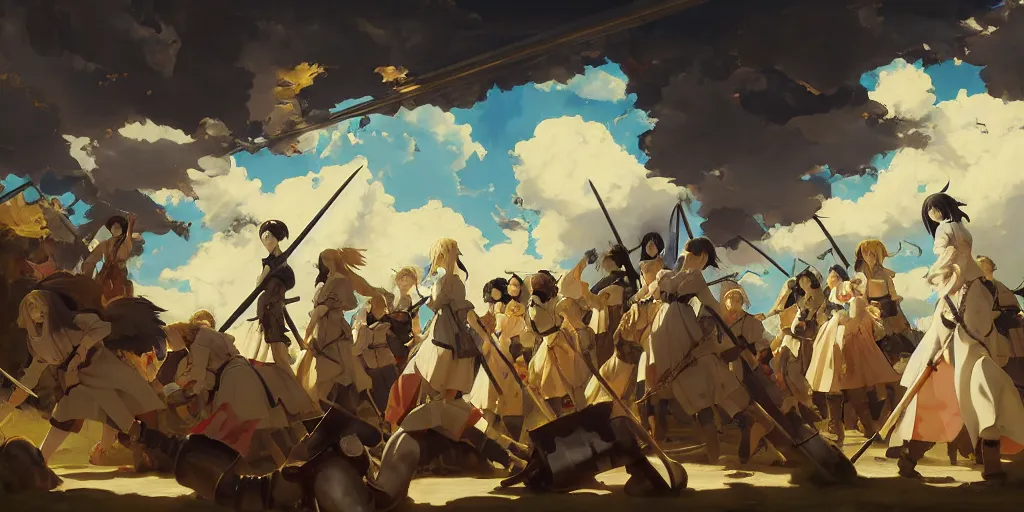 Image similar to baroque oil painting of key visual environment concept art of anime maids fighting a crusade for the anglican church, brutalist, dark fantasy, rule of thirds golden ratio, fake detail, trending pixiv fanbox, acrylic palette knife, style of makoto shinkai studio ghibli genshin impact jamie wyeth james gilleard greg rutkowski chiho aoshima