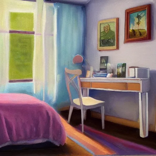Image similar to a 2 0 0 0 s teen bedroom, oil painting, pale colors, high detail, 8 k, wide angle, trending on artstation,