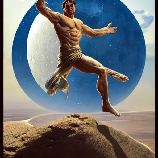 Image similar to the image of a man with outstretched arms between the moon and the sun and a thousand stars ultra realistic, concept art, intricate details, serious, highly detailed, photorealistic, octane render, 8 k, unreal engine, art by todd mcfarlane and artgerm and greg rutkowski and alphonse mucha