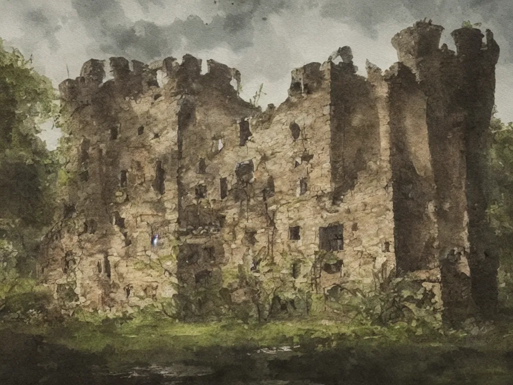 Prompt: A water painting of a dilapidated ancient castle building in the wood