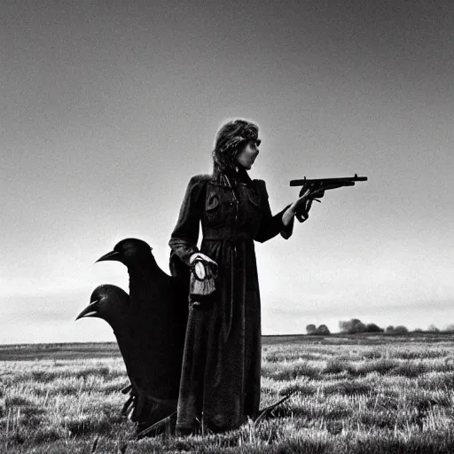 Prompt: pastoral eerie. a woman has a rifle. there are ravens in the sky. folk horror. hyperrealistic