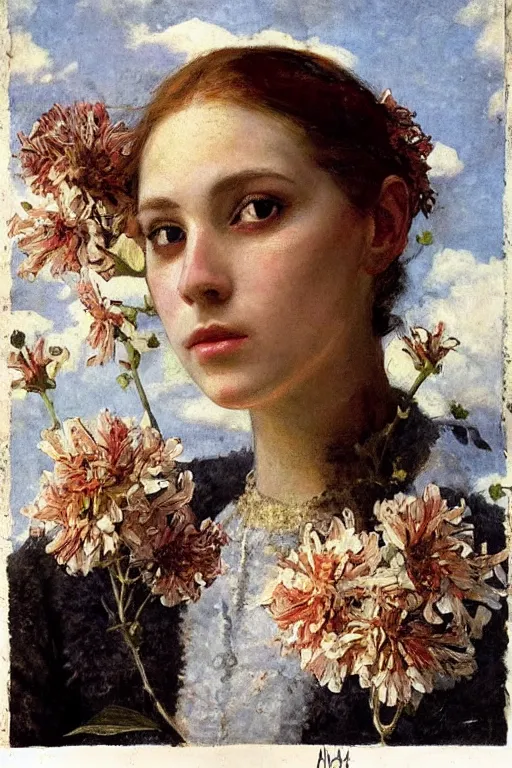 Image similar to close - up fashion woman portrait airy flowers cloudy sky art by vasnetsov